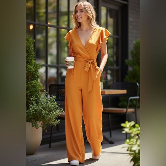 EUC Ambition Women’s Yellow Gold Sateen Jumpsuit Ruffle Cap Sleeve Tie Waist - S - Picture 1 of 6